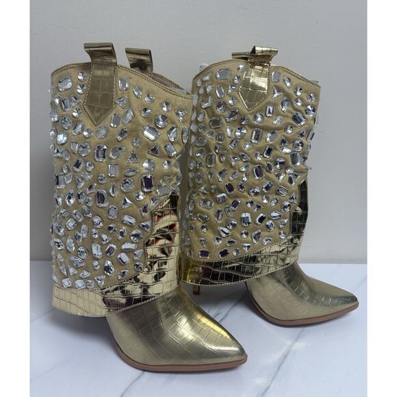 Lauren Lorraine Women's Size 10 Gold Crystal Embellished Western Inspired Boots - Picture 1 of 11